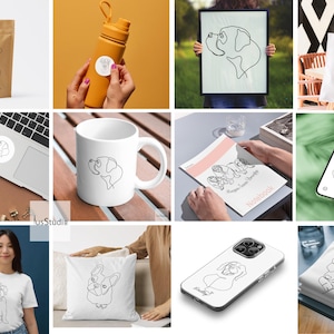 Pu&ograve; includere: Una collezione di prodotti personalizzati a tema cani, tra cui una borsa tote, una custodia per telefono, una tazza, un cuscino, una maglietta e un adesivo. I disegni presentano disegni a linea di cani in varie pose.