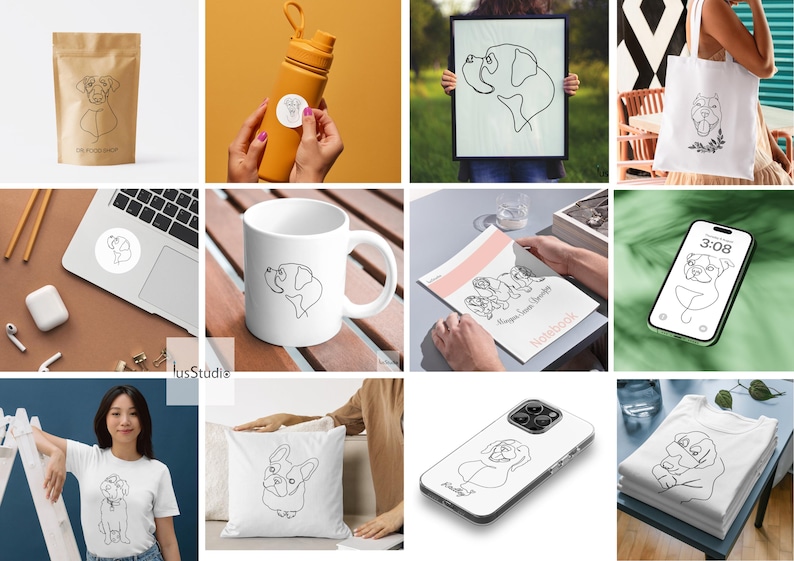 Pu&ograve; includere: Una collezione di prodotti personalizzati a tema cani, tra cui una borsa tote, una custodia per telefono, una tazza, un cuscino, una maglietta e un adesivo. I disegni presentano disegni a linea di cani in varie pose.