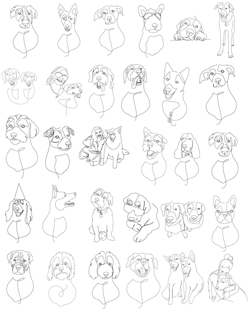 Pu&ograve; includere: Una collezione di disegni a linea di cani in varie pose, tra cui seduti, in piedi, sdraiati e che giocano. I disegni sono tutti in bianco e nero e sono realizzati in uno stile semplice e minimalista.