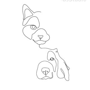 Puede incluir: Ilustraci&oacute;n de l&iacute;nea de arte de dos caras de perros, una encima de la otra, con sus narices toc&aacute;ndose. Los perros est&aacute;n dibujados en un estilo simple y minimalista.