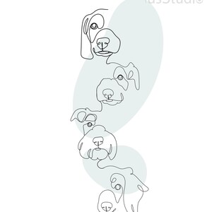 Puede incluir: Dibujo de l&iacute;nea de cinco caras de perro en una l&iacute;nea vertical, con una forma ovalada azul claro detr&aacute;s de ellas. El texto "lusStudio" est&aacute; en la esquina superior derecha de la imagen.