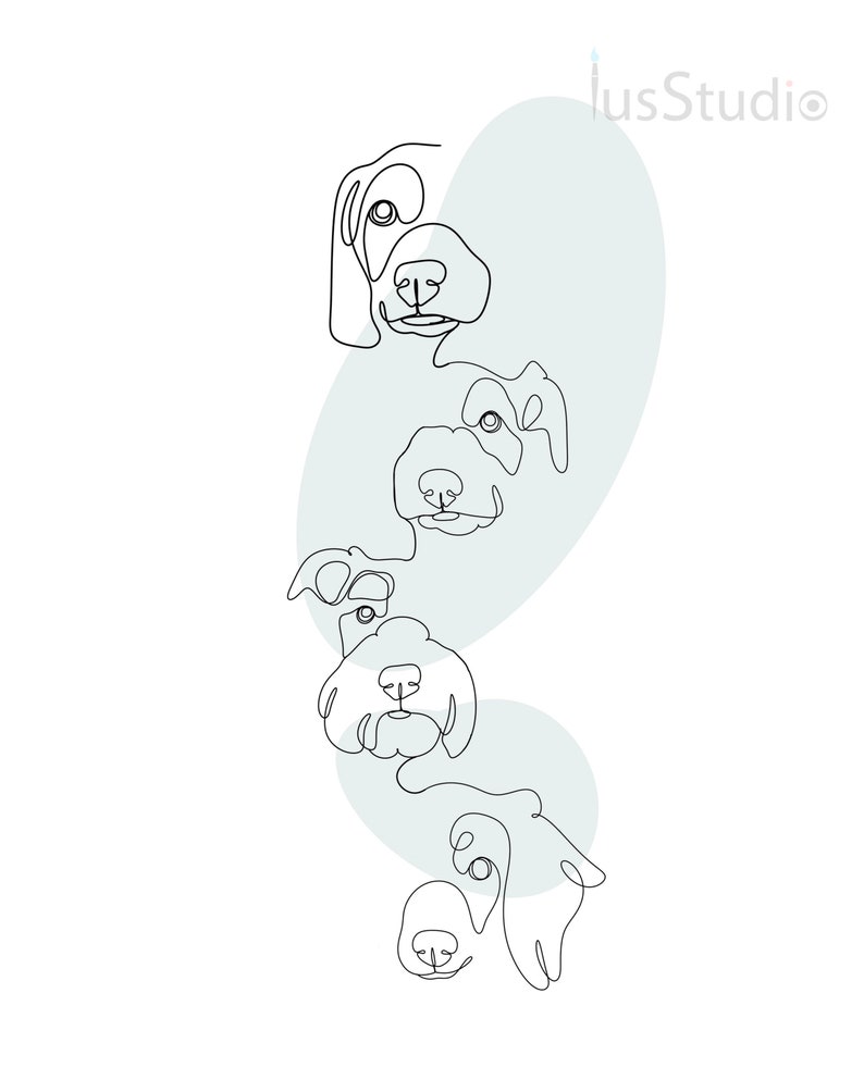 Puede incluir: Dibujo de l&iacute;nea de cinco caras de perro en una l&iacute;nea vertical, con una forma ovalada azul claro detr&aacute;s de ellas. El texto "lusStudio" est&aacute; en la esquina superior derecha de la imagen.