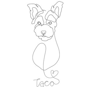 Pu&ograve; includere: Disegno a linea di un cane con la parola "Taco" scritta sotto. Il cane guarda direttamente lo spettatore con la lingua fuori.