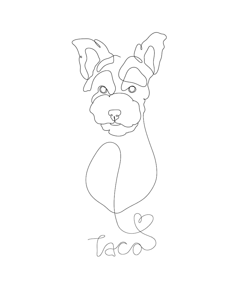 Pu&ograve; includere: Disegno a linea di un cane con la parola "Taco" scritta sotto. Il cane guarda direttamente lo spettatore con la lingua fuori.