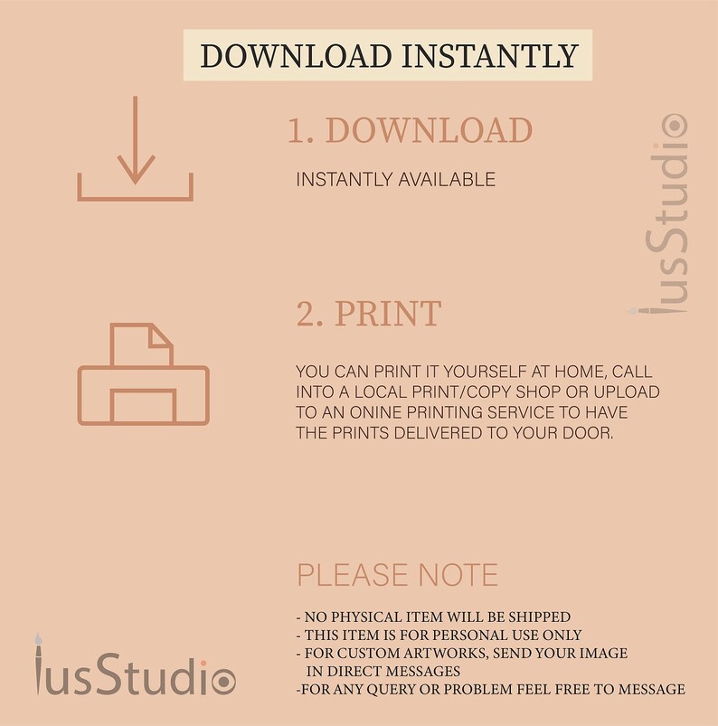 Puede incluir: Un gr&aacute;fico de descarga digital con instrucciones sobre c&oacute;mo descargar e imprimir un dise&ntilde;o imprimible. El gr&aacute;fico presenta un icono de descarga, un icono de impresora y el texto "Descargar instant&aacute;neamente", "1. Descargar", "Disponible instant&aacute;neamente", "2. Imprimir", "Puedes imprimirlo t&uacute; mismo en casa, llamar a una tienda local de impresi&oacute;n/copia o subirlo a un servicio de impresi&oacute;n en l&iacute;nea para que te env&iacute;en las impresiones a tu puerta.", "Tenga en cuenta", "No se enviar&aacute; ning&uacute;n art&iacute;culo f&iacute;sico", "Este art&iacute;culo es para uso personal &uacute;nicamente", "Para obras de arte personalizadas, env&iacute;e su imagen en mensajes directos", "Para cualquier consulta o problema, no dude en ponerse en contacto con nosotros".