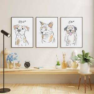 Puede incluir: Tres ilustraciones enmarcadas en negro de mascotas. La primera ilustración es de un perro llamado Noah, la segunda es de un gato y la tercera es de un perro llamado Ellie.