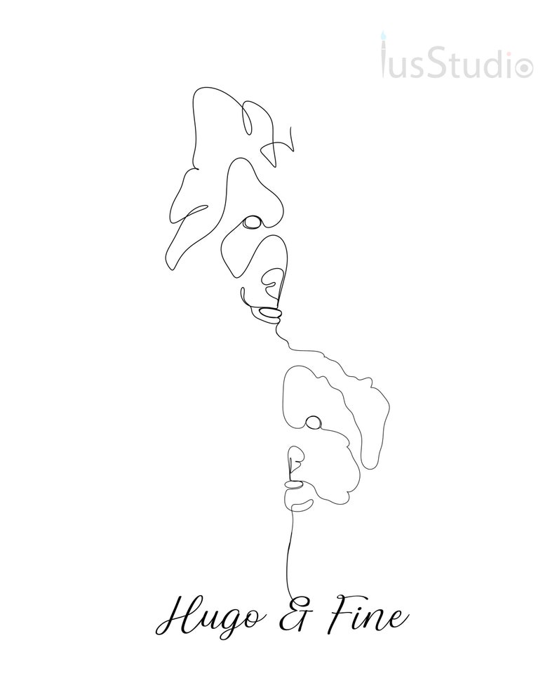 Puede incluir: Ilustraci&oacute;n de l&iacute;nea de arte de dos caras, una encima de la otra, con el texto "Hugo & Fine" debajo.