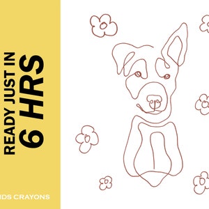 Disegno personalizzato di un cane con una linea per bambini - pastelli a cera personalizzati con una linea, disegno personalizzato di animali domestici, ritratto di cane con inchiostro, illustrazione con linea.