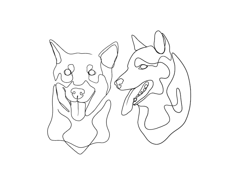Pu&ograve; includere: Disegno a linea di due teste di cane, una con la lingua fuori. I cani si guardano.