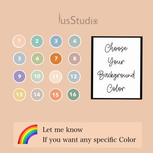 Puede incluir: Una paleta de colores con 16 muestras de colores diferentes numeradas del 1 al 16. El texto "Elige tu color de fondo" est&aacute; en un marco blanco. El texto "Hazme saber si quieres alg&uacute;n color espec&iacute;fico" est&aacute; debajo de un gr&aacute;fico de arco&iacute;ris.