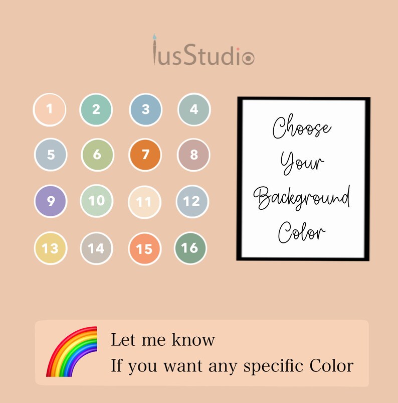 Puede incluir: Una paleta de colores con 16 muestras de colores diferentes numeradas del 1 al 16. El texto "Elige tu color de fondo" est&aacute; en un marco blanco. El texto "Hazme saber si quieres alg&uacute;n color espec&iacute;fico" est&aacute; debajo de un gr&aacute;fico de arco&iacute;ris.