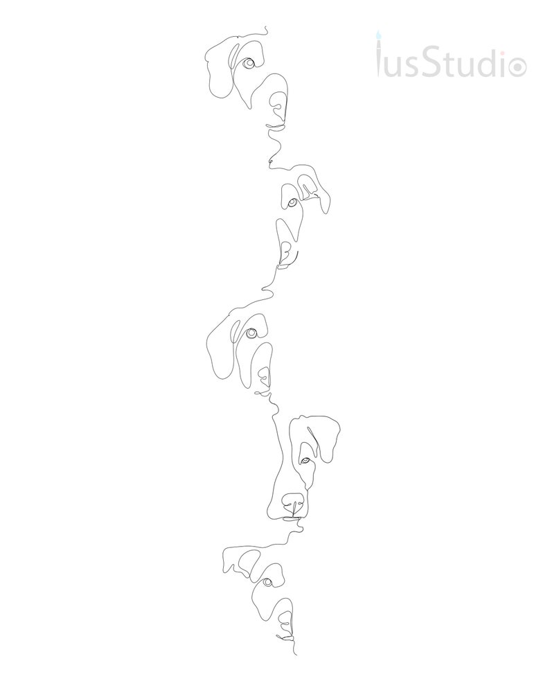 Puede incluir: Dibujo de l&iacute;nea de cinco caras de perro apiladas una encima de la otra, creando una l&iacute;nea continua.