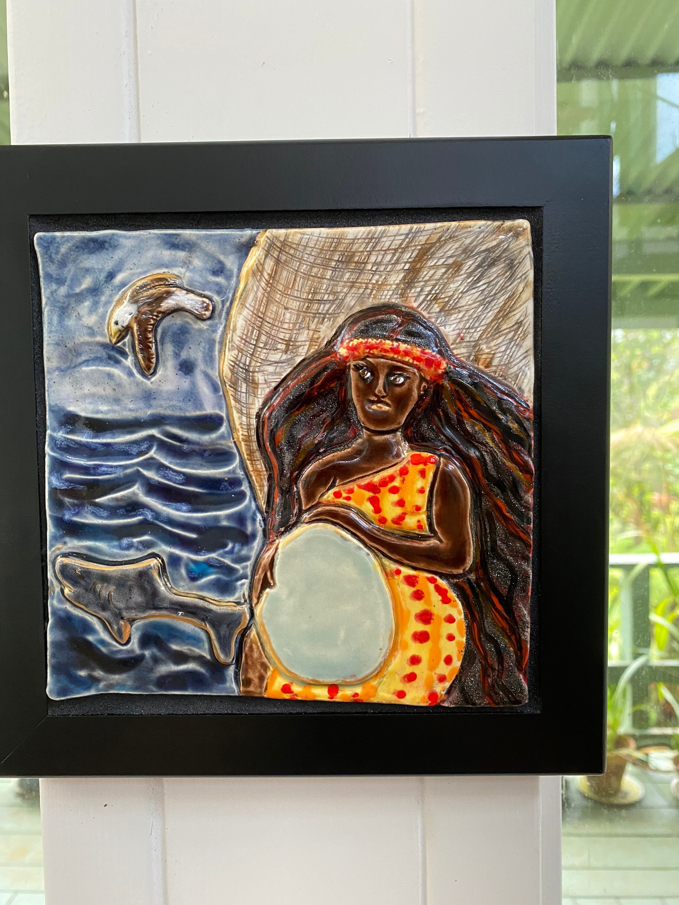 Framed “ka Huakaʻi” Handmade Tile Featuring Pele, Hiʻiaka-i