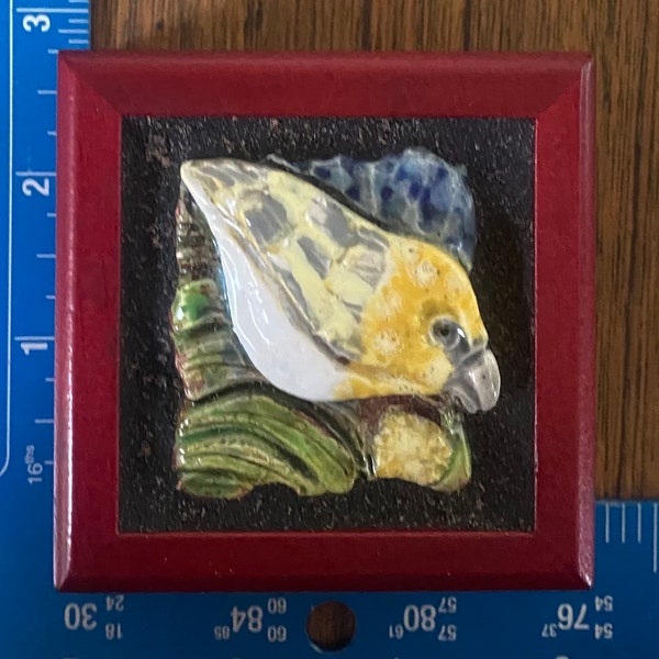 Palila Bird and Koa Blossom Handmade Ceramic Tile Set on a Small, Rosewood-Finish Keepsake Trinket Box - Bird Lover’s Gift