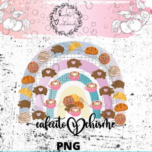 May include: A rainbow-colored graphic with a heart and the text "cafecito y chisme" in a pink and white font. The rainbow is made up of pastel-colored stripes and is decorated with brown pigs, coffee cups, and pastries. The graphic is set against a white background with a grunge texture.