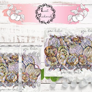 May include: A white tumbler and a rectangular design featuring a colorful stained-glass style illustration of pan dulce pastries. The design includes the text "pan dulce" and "pan con leche". The background is white.