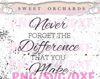 May include: A black and white graphic with a distressed background. The text reads "Never forget the difference that you make".