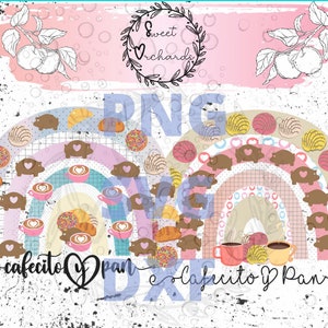 May include: A digital design featuring a rainbow made of pastel pink, blue, and purple with brown pig illustrations. The rainbow is surrounded by various pastries, including pan dulce, coffee cups, and sprinkles. The text "cafecito y pan" is written in a cursive font at the bottom of the design.