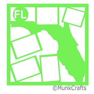 Op de afbeelding: Een groene omtrek van de staat Florida met een cirkel die de letters "FL" in de linkerbovenhoek bevat. De omtrek is verdeeld in vijf secties, elk met een wit rechthoek voor een foto.