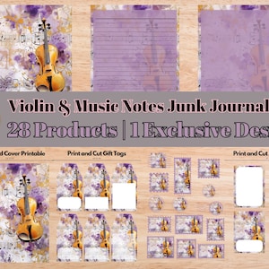 Violin and Music Notes Junk Journal Kit | Gold & Purple Printable | Vintage | Print and Cut Journal Cards, Gift Tags | Instant Download