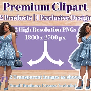 Puede incluir: Clipart digital que presenta a una mujer con cabello castaño rizado que lleva un vestido azul y blanco con lunares y sostiene un bolso azul. La imagen está disponible en dos archivos PNG de alta resolución, cada uno con una medida de 1800 x 2700 píxeles. La imagen también está disponible como dos imágenes transparentes.