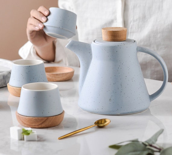 Set teiera e tazze da tè in stile nordico, set da tè in porcellana con base  in legno 1 teiera con 4 tazze Teiera moderna, set tazze da tè -  Italia