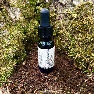 May include: A small dark blue glass bottle with a black dropper top and a white label. The label features a black and white illustration of a plant. The bottle is sitting on a bed of brown dirt.