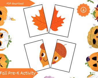 May include: Fall Pre-K Activity with a leaf and acorn puzzle. The puzzle pieces are orange and brown, with a white background. The words "PDF download" and "Fall Pre-K Activity" are visible.