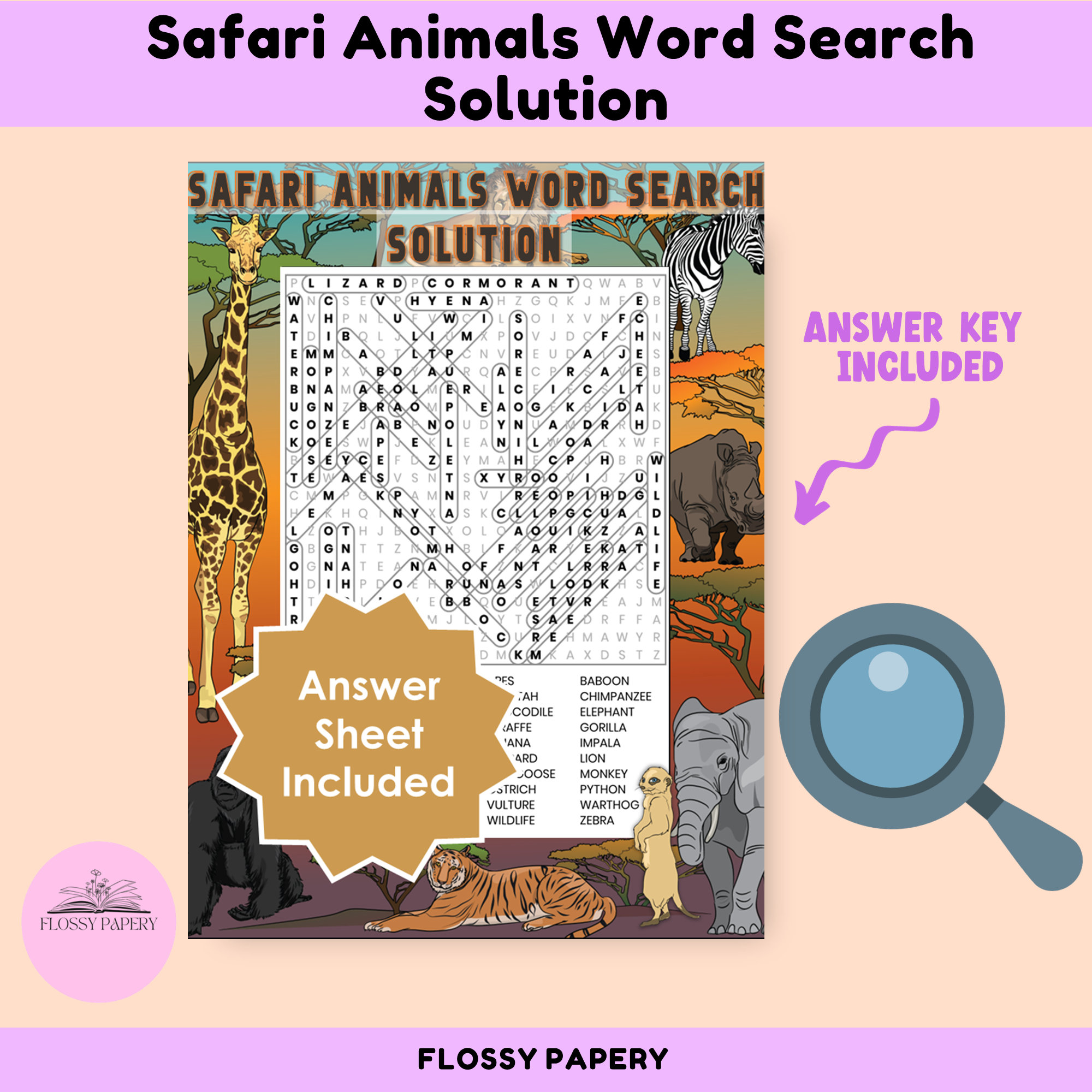 Safari Animals Word Search Printable PDF. Large Word Search Puzzle. - Etsy
