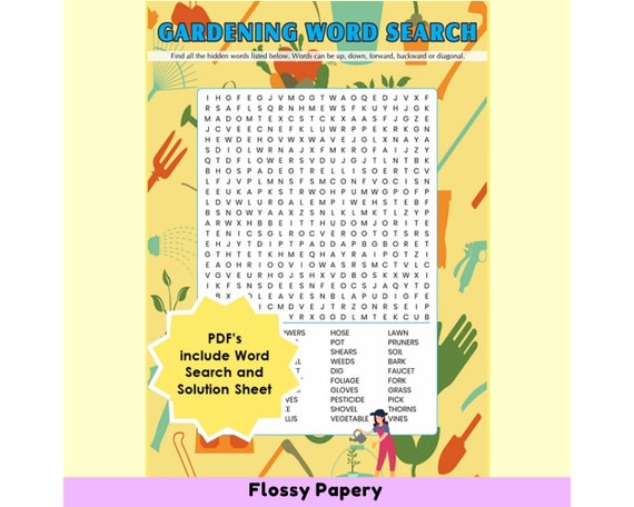 Gardening Word Search Printable PDF. Large Word Search Puzzle. | Etsy