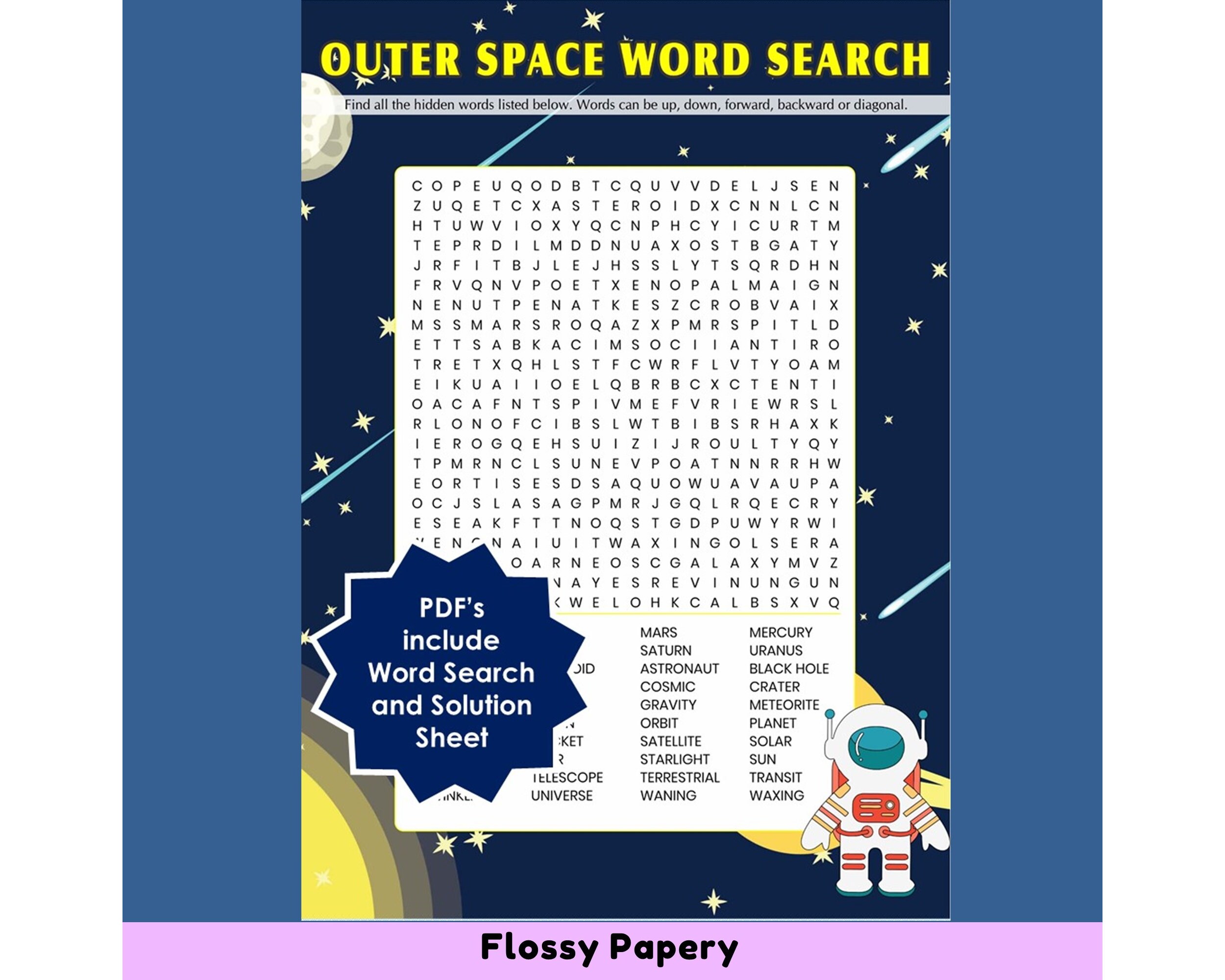 outer space word search printable pdf large word search etsy
