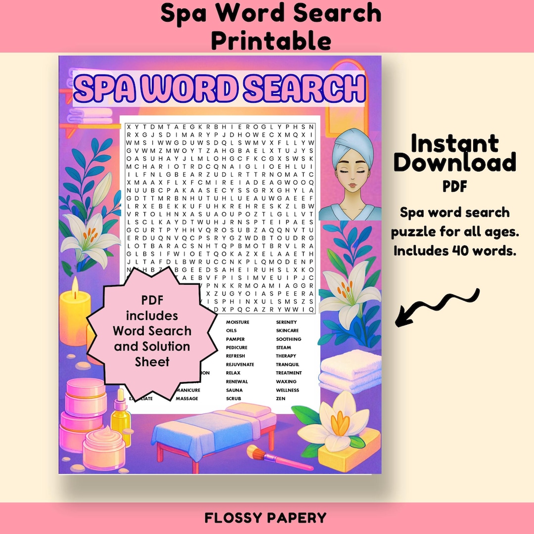 Spa Time Words Spa Word Search Printable Puzzle (PDF) - Etsy