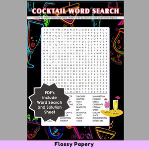 Cocktail Wordsearch Printable PDF. Large Word Search Puzzle.