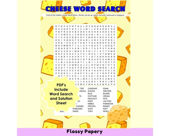 cheese word search printable pdf large word search puzzle etsy