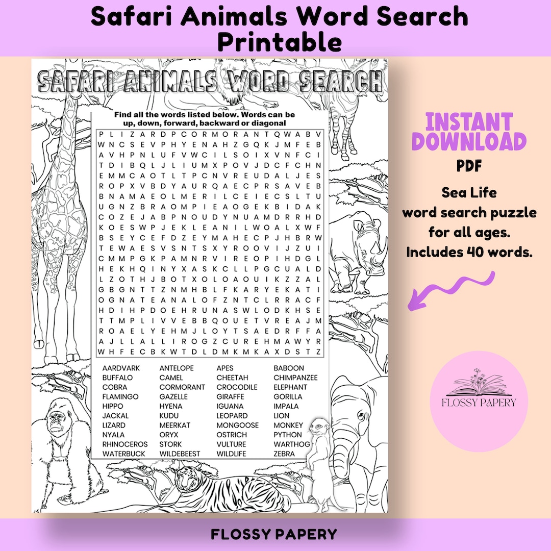 Safari Animals Word Search - Etsy