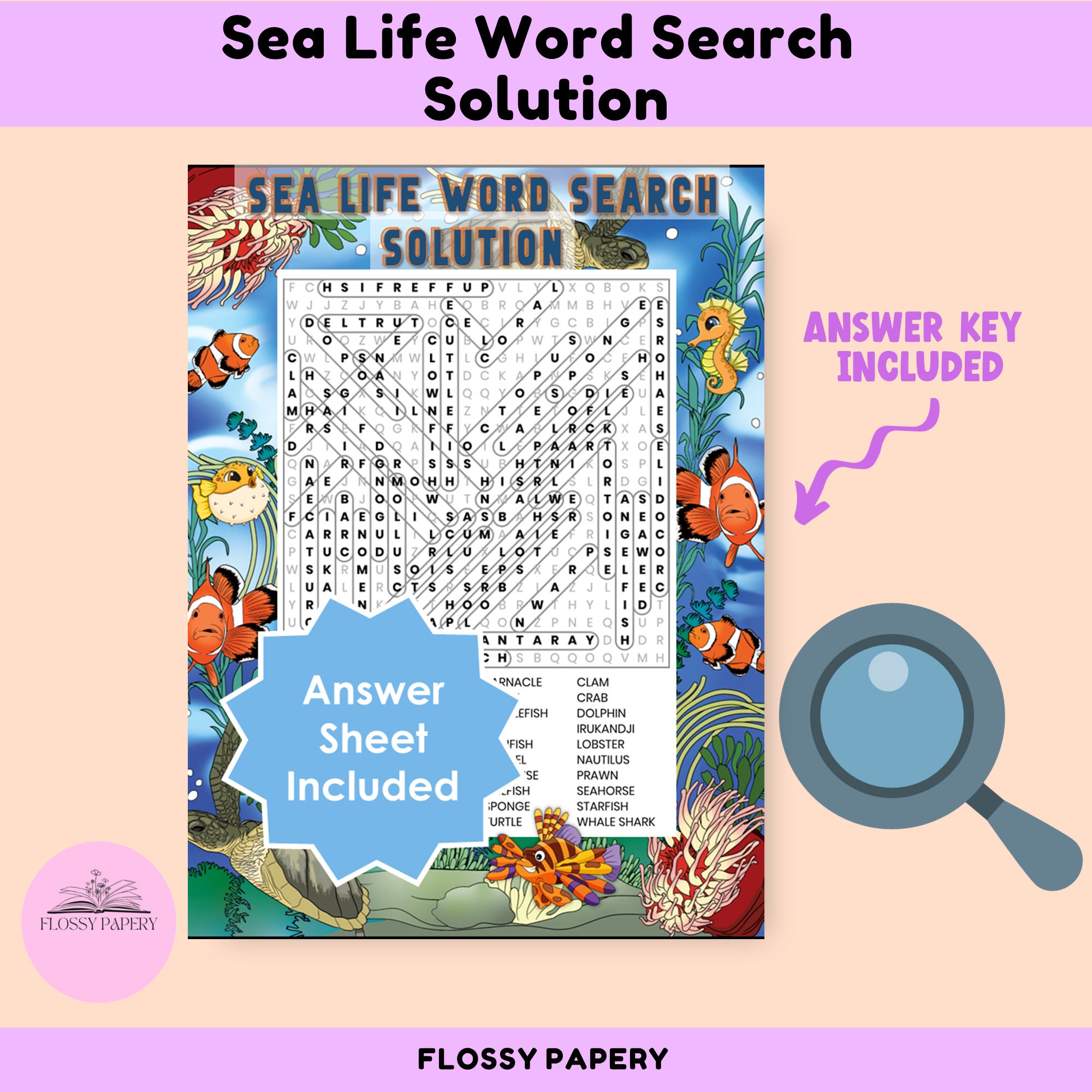 Sea Life Word Search Printable PDF Large Word Search Puzzle Etsy
