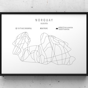 May include: A black and white line art map of the Norquay ski resort in Alberta, Canada. The map shows the layout of the ski runs and the location of the top elevation. The text on the map reads "Norquay, Alberta, 10 ft avg snowfall, 60 runs, 6998 ft top elevation, 1650 ft vertical."