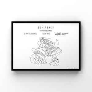 May include: A black and white line art illustration of a ski resort map for Sun Peaks in British Columbia. The map shows the ski runs and terrain. The text on the map reads "Sun Peaks, British Columbia, 19 ft avg snowfall, 138+ runs, 7060 ft top elevation, 2894 ft vertical, Wild B. Designs."