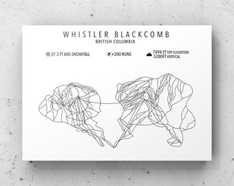 Whistler Blackcomb Ski Map- Physical Print -Whistler British Columbia -Ski Art -Custom Ski Poster- Gift for skier- Maps- Ski decor -Wall Art