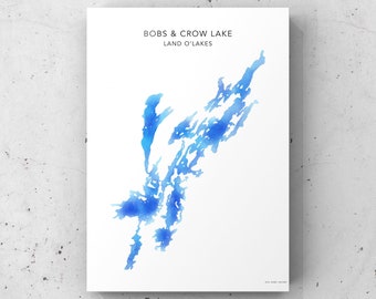 Bobs and Crowe Lake Map -Physical Print -Cottage Gifts -Lake Art -Custom Lake Poster -Maps -Personalized Gifts  -Wall Art -Lake House Decor