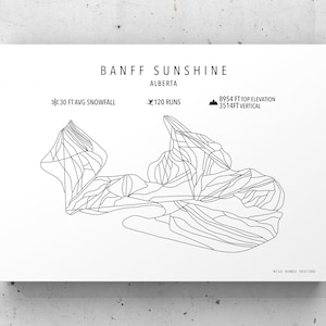 May include: A black and white line art illustration of the Banff Sunshine ski resort in Alberta, Canada. The illustration shows the layout of the ski runs and the mountain terrain. The text "BANFF SUNSHINE", "ALBERTA", "30 FT AVG SNOWFALL", "120 RUNS", "8954 FT TOP ELEVATION", and "3514FT VERTICAL" is included in the image.