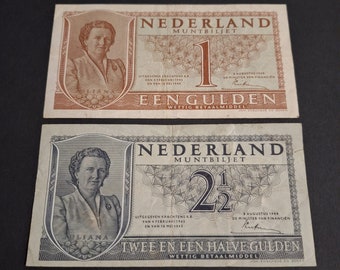 Netherlands 1 & 2.5 gulden banknotes, Queen Juliana 1949