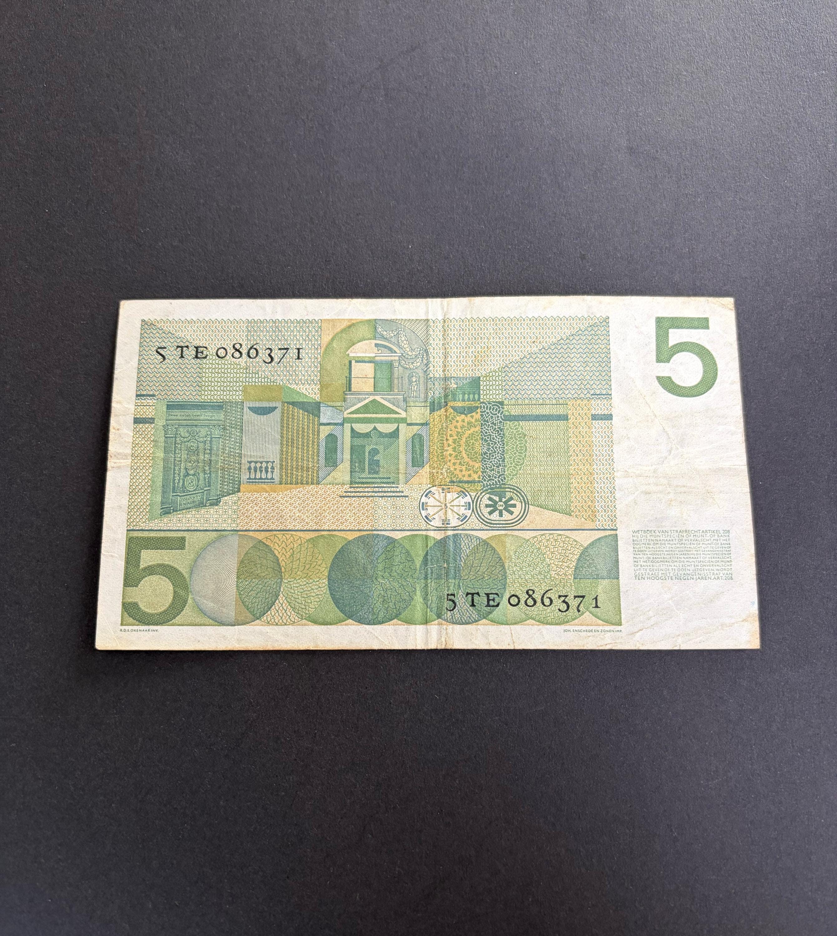 美しいヴィンテージオランダ紙幣 5 ギルダー フォンデル I、1966 年