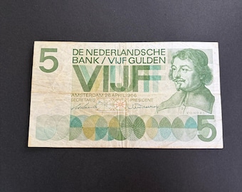 美しいヴィンテージオランダ紙幣 5 ギルダー フォンデル I、1966 年
