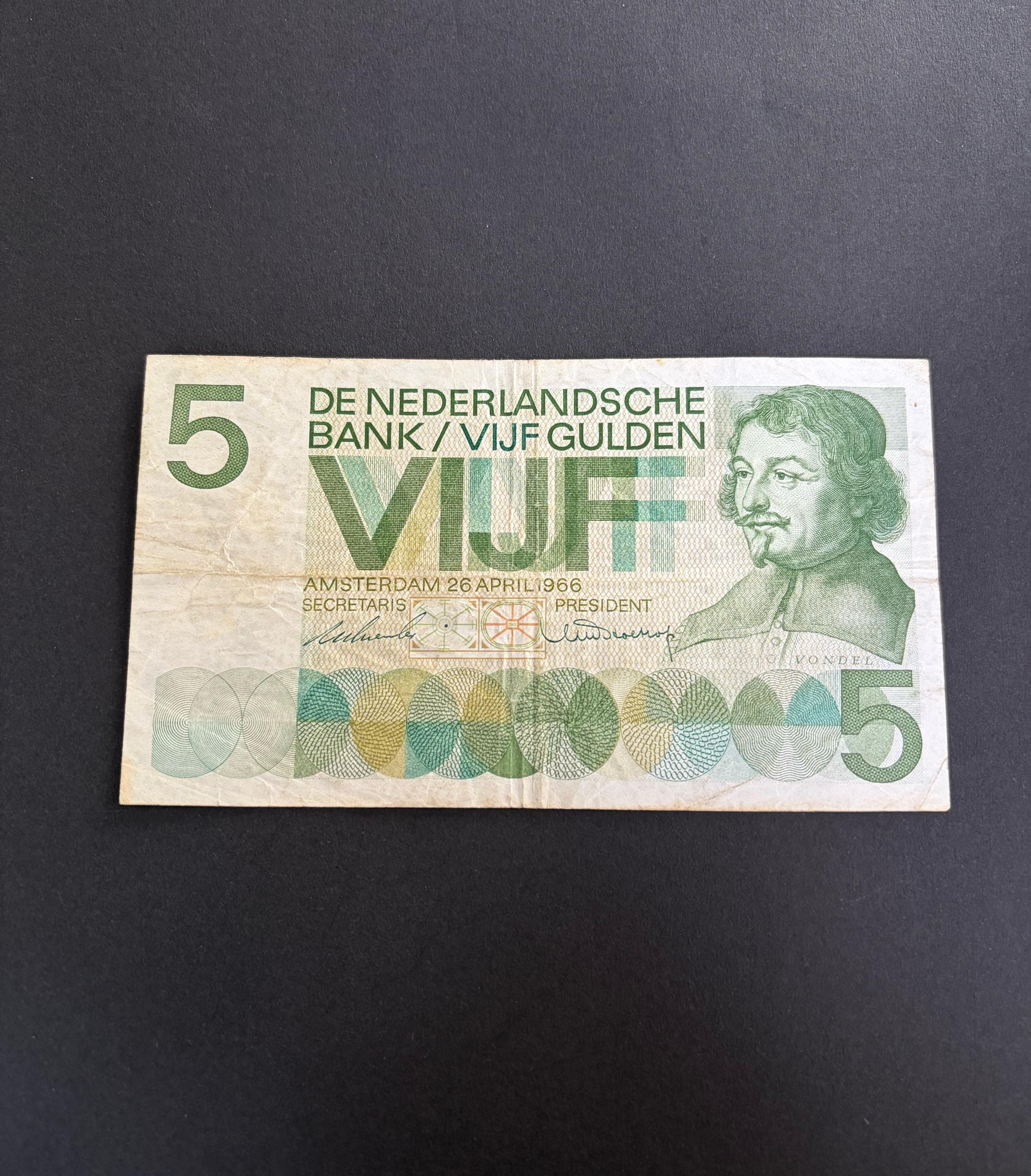 美しいヴィンテージオランダ紙幣 5 ギルダー フォンデル I、1966 年