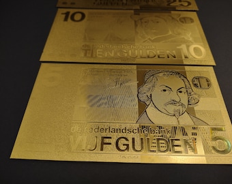 Set of gold Dutch banknotes from 60s and 70s, 5, 10, 25 & 100 gulden (not legal tender)