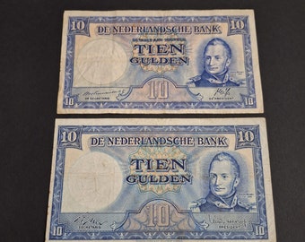 Netherlands post WW2 10 gulden banknotes, with blue and red reverse, King Willem III