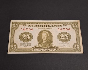 Netherlands rare WW2 banknote 25 guilders Queen Wilhelmina, 1943, printed in the US