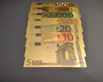 Complete 7-pcs set of decorative golden euro banknotes, 5 - 500 euro (fantasy notes, not legal tender)