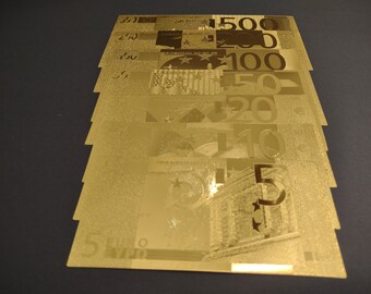 Complete 7-pcs set of decorative golden euro banknotes, 5 - 500 euro (fantasy notes, not legal tender)